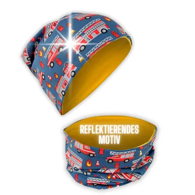 Produktbild von HECKBO 360° Reflektor Kinder Beanie Mütze & Loop Schal Set - Feuerwehr Auto - 2-8 Jahre - 95% Baumwolle