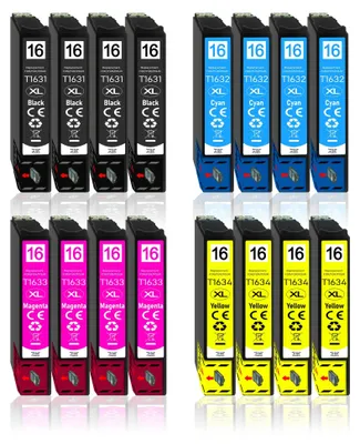 A collection of printer ink cartridges arranged in rows.