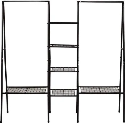 Image de Unyqoos® Penderie robuste en métal – Double barre avec 4 étagères à chaussures, 153 x 40 x 152 cm, noire. Capacité de charge des barres : 25 kg, capacité de charge des étagères : 20 kg