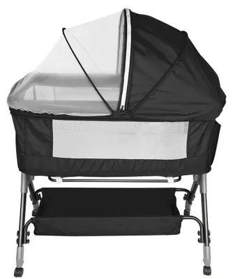 Produktbild von 3-in-1 Babybett - Gitterbett / Beistellbett / Wiege - Höhenverstellbar - 360° Rollen - Moskitonetz - Ablagekorb - Schwarz