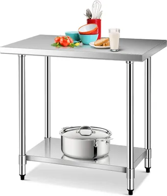 Produktbild von Arbeitstisch Edelstahl, Küchentisch mit höhenverstellbarer Ablage & verstellbaren Füßen, Edelstahltisch mit Rollen, 250 kg belastbar, 91,5 x 61 x 90 cm, für Küche Bar Restaurant
