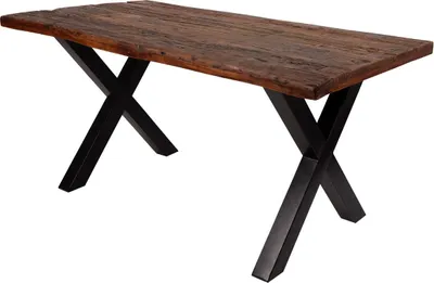Produktbild von Esstisch 180x90 cm Ramon, recyceltes Altholz, massiver Esszimmertisch mit Rough Wood Platte 50 mm, Holztisch mit X-Metallgestell Schwarz, Baumkantentisch im Vintage-Look