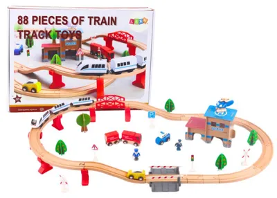 Produktbild von Set Eisenbahnschienen Holzwaggons Gebäude 88 Stück