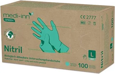 Produktbild von "Medi-Inn GREEN" Handschuhe, Nitril puderfrei grün Größe: L biologisch abbaubar