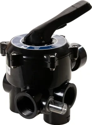 A black multi-port valve with a black handle on a white background.
