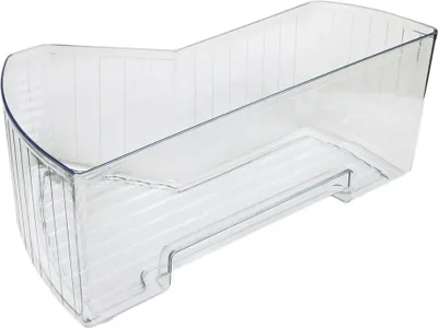 A clear plastic refrigerator drawer is shown against a white background.