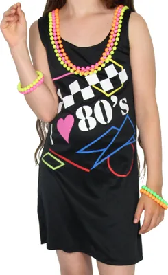 A child wearing an 80s-themed dress and accessories.