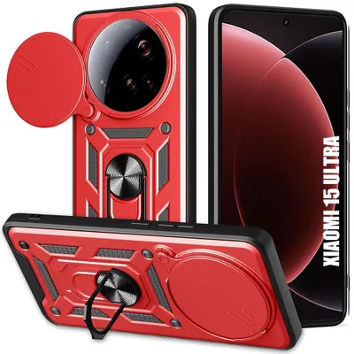 Image de Coque pour Xiaomi 15 Ultra - Rigide Antichoc avec Anneau Support et Protection Objectif - Rouge