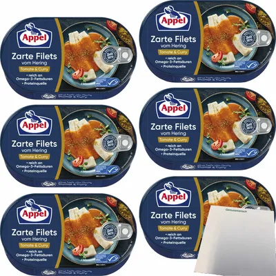 Produktbild von Appel Zarte Filets vom Hering Tomate & Curry 6er Pack (6x200g Dose) + usy Block