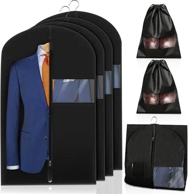 Image de Ensemble de 6 housses de protection pour vêtements en feutre non tissé avec fermeture éclair – 4 housses pour vêtements et 2 sacs pour chaussures, fenêtre transparente, respirant, protection contre la poussière, l'humidité et les mites