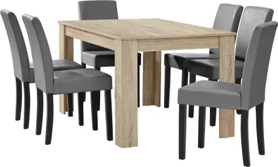 Produktbild von [en.casa] Esstisch Eiche hell mit 6 Stühlen hellgrau Kunstleder gepolstert 140x90 Essgruppe Esszimmer