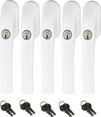 Five white window handles with integrated locks and ten keys are displayed against a white background.