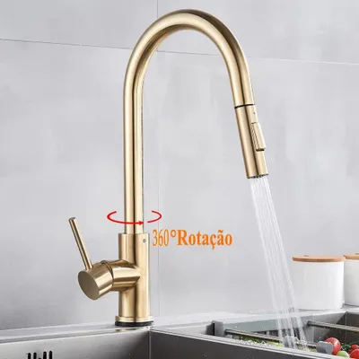 Produktbild von Küchenarmatur - Touch Sensor Wasserhahn - 304 Edelstahl - Ausziehbare Brause - Heiß Und Kaltwasser - Einhebelmischer - Gebürstetes Gold