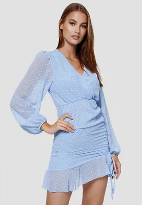 Produktbild von Rayshyne Damen Mini Midi Designer Kleid in Wickeloptik Blau Einheitsgröße RS05