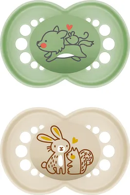 Produktbild von MAM Original Schnuller im 2er-Set, zahnfreundlicher Baby Schnuller aus nachhaltigen &erneuerbaren Materialien, Sauger aus MAM SkinSoft Silikon, mit Schnullerbox, 16+ Monate, Wolf/Hase