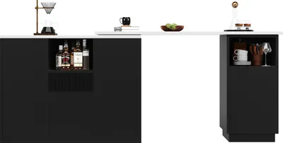 Zdjęcie produktu dla Obrotowy stół barowy Sweiko 360° (główny korpus 210 x 30 x 100,9 cm), nowoczesny i elegancki czarny design, z otwartą przestrzenią do przechowywania i marmurowym blatem, wielofunkcyjna wyspa do przechowywania, odpowiednia dla
