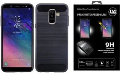 Produktbild von Silikon Hülle Tasche Case + 9H Panzerfolie Echt Glas Zubehör Gummi Bumper Schale Schutzhülle in Carbon-Schwarz kompatibel mit Motorola Moto E6 Plus