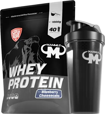 Produktbild von Mammut Nutrition - Whey Protein 1000 g Beutel - 40 Portionen Eiweiß + GRATIS Protein Shaker, Geschmack: Blueberry Cheesecake