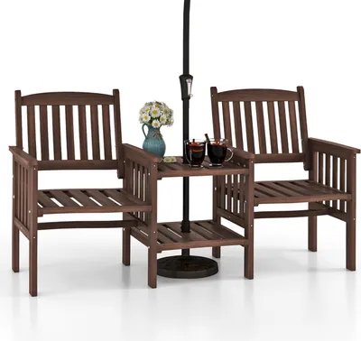 Produktbild von KOMFOTTEU Gartenbank mit integriertem Tisch & Schirmloch, 2-Sitzer Bank aus Tannenholz, Sitzbank Parkbank Outdoor 165 x 60 x 88 cm, Gartenset für Balkon Garten Terrasse, Weiß (Braun)