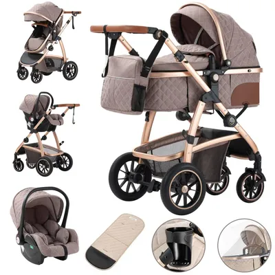 Produktbild von 3 in 1 Kombikinderwagen - Modell SK20 Buggy - Hohe Sitzposition - Verstellbarer Schiebegriff - Klappbar für Reise - Mit Moskitonetz - Leichter Aluminiumrahmen - Khaki
