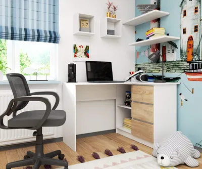 Produktbild von Eckschreibtisch 124cm mit 3 Schubladen L-Form Computertisch Eckschrank 2 Fächer