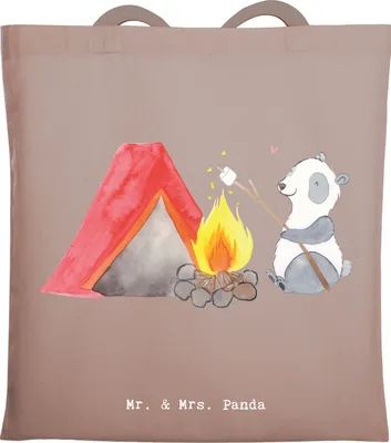 Produktbild von Mr. & Mrs. Panda Shopping Tasche Panda Campen - Braun Pastell - Geschenk, gehen, Zelten, Jutebeutel, Tote Bag, Schultasche, canvas, Campingplatz, Camping