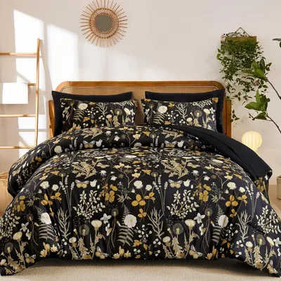 Produktbild von Bettwäsche 200x200 cm Schwarz Gelb Blumen Blätter