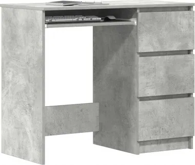 A desk with a concrete gray finish, featuring a pull-out keyboard tray and three drawers on the right side.