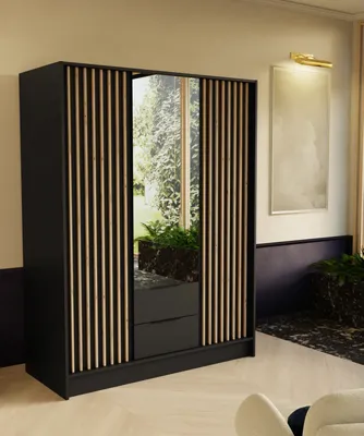 A modern wardrobe with a mirrored door, set in a stylish room with plants and artwork.