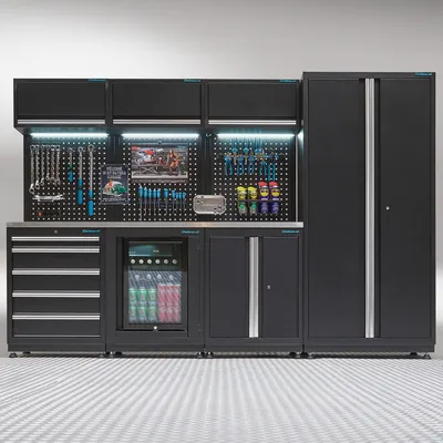 Produktbild von Werkstatteinrichtung PREMIUM Edelstahlblatt mit Kühlschrank – 294 cm