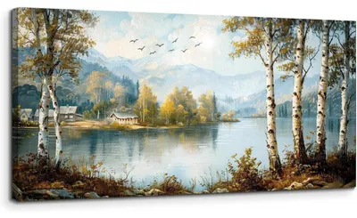 Productafbeelding van Canvas schilderij, landschap met rivier, 50x100 cm. Wanddecoratie voor de woonkamer, met afbeelding van bergen, water en een landschap. Kunstafdruk