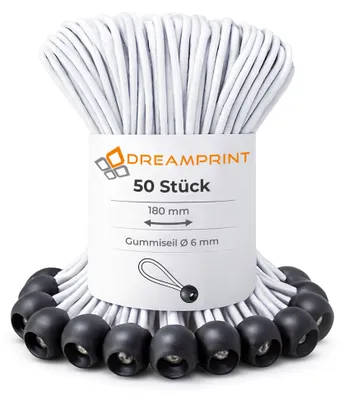 Produktbild von Dreamprint 50 Stück Spanngummi mit Kugel 180mm Ø 6mm schwarz-weiß Expander-Schlingen Gummi Seile Planenspanner Gummischlaufen