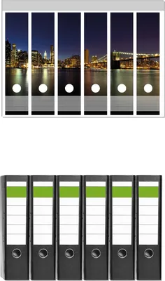 Produktbild von Wallario 6 Stück breite Ordner inkl. Klebeetiketten mit Motive New York Skyline - Brooklyn Bridge und Manhattan am Abend -  Set mit Rückenschildern / Ordnerrücken Stickern
