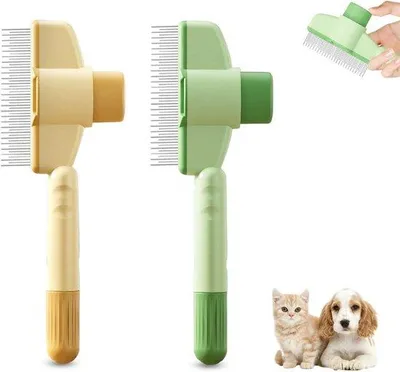 Produktbild von Famanu Katzenbürsten-Set mit selbstreinigender Flohkamm - 2 Stück, Gelb und Grün