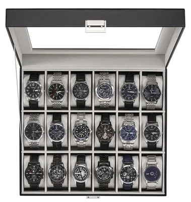 Image de Boîte à montres - 18 compartiments - Noir - Pour montres jusqu'à 50 mm
