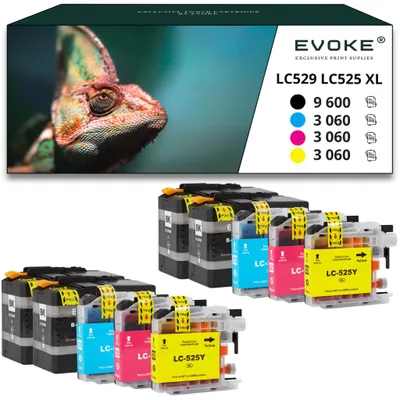 Obrázok produktu pre Kompatibilné atramenty Evoke pre tlačiarne Brother LC-529XLBK LC529XL + LC-525XL LC525XL, balenie 10 ks: 4 čierne, 2 azúrové, 2 purpurové, 2 žlté, objem 380 ml, výtlačnosť až 18780 strán, vhodné pre modely DCP-J100, J105, MFC-J200