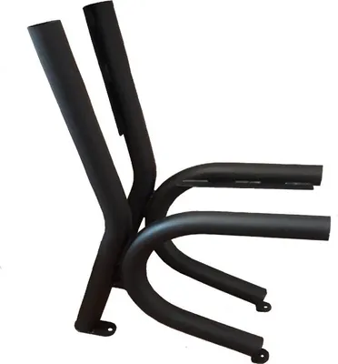 A black metal frame for a bench, shown against a white background.