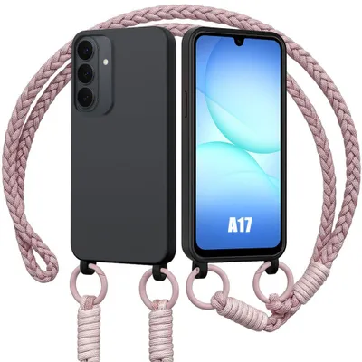 Image de Coque pour Samsung Galaxy A17 4G/5G, Silicone Liquide Noire Antichoc Slim avec Cordon Rose