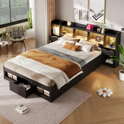 Produktbild von MODFU Polsterbett Jugendbett 140×200 mit Matratze,Doppelbett mit Bettkasten,Holzbett Funktionsbett mit LED, Stauraum am Kopf- und Fußende,Schwarz
