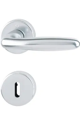 A silver door handle and keyhole escutcheon are shown against a white background.