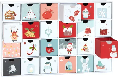 A Christmas advent calendar with 24 drawers, each decorated with festive imagery, arranged in a grid.