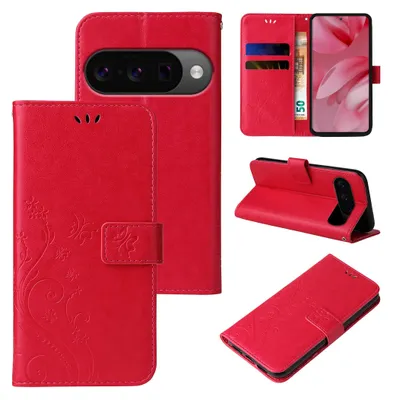 Produktbild von Handyhülle für Google Pixel 10 Floral Blumen Schmetterling Flip Cover Hülle Case Klapphülle Handytasche Farbe: Rot
