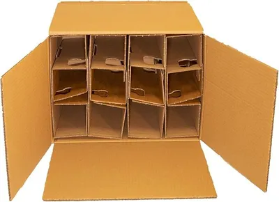 An open cardboard box with internal dividers for bottles.