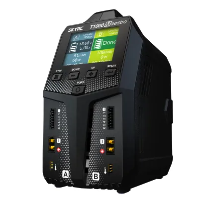 Obrázek produktu pro Nabíječka SKYRC T1000 Maestro, duální nabíječka AC/DC s vyvažováním, 450W/1000W, určená pro nabíjení baterií modelů s dálkovým ovládáním, s konektorem pro evropskou zásuvku (EU)