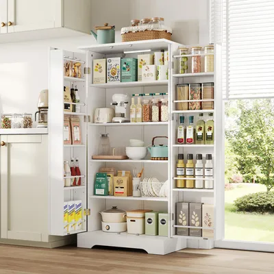 A white kitchen cabinet filled with various food items and kitchenware, placed in a well-lit room with a window in the background.