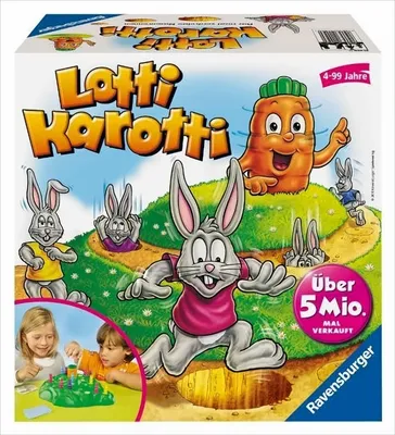 Produktbild von Ravensburger Lotti Karotti Brettspiel, für 2-4 Spieler, ab 4 Jahren, Familienspiel, 270x271x112 mm, Grün/Mehrfarbig, drehbare Karotte, Karottenkarte, 1 Hügel, 16 Hasen, 24 Karten