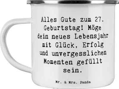Produktbild von Mr. & Mrs. Panda Teebecher Spruch 27. Geburtstag - Weiß - Geschenk, 27 Jahre, Geburtstagserlebnis, becher emaille, unvergessliche Momente, Tasse, Happy Birthday, Teetasse