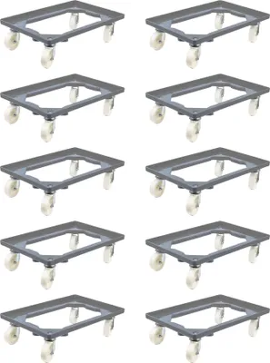 Produktbild von SparSet 10x Transportroller für Euroboxen 60x40cm mit Kunststoffräder grau | Offenes Deck | 2 Lenkrollen & 2 Bremsrollen | Traglast 300kg | Kistenroller Logistikroller Rollwagen Profi-Fahrgestell