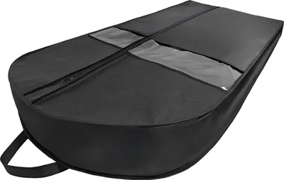 A black garment bag is shown against a white background.