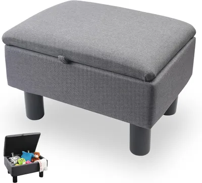 Produktbild von Leinen-Pouf als Fußhocker mit Stauraum und Holzbeinen, Sitzwürfel mit Deckel für Wohnzimmer, Schlafzimmer und Flur, Grau